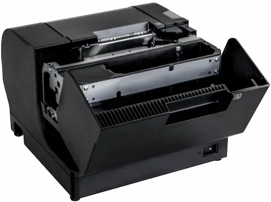 Tintenstrahldrucker TM-J7700 in Schwarz mit Ethernet & USB Anschlüssen von Epson für den POS von vorne links mit offenem Patronenfach