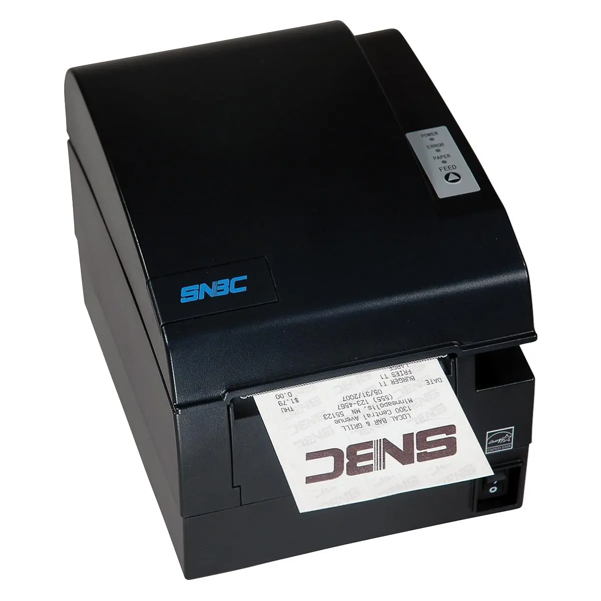 SNBC Bondrucker BTP-R580II mit USB, Ethernet und Seriellem Anschluss in Schwarz von oben Links mit Bon