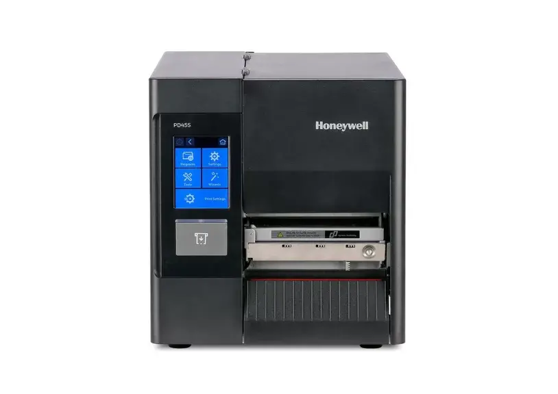 Industrieller Thermotransfer-Etikettendrucker PD45S von Honeywell mit USB, Ethernet & Seriellem Anschluss mit Touchscreen in Schwarz von vorne