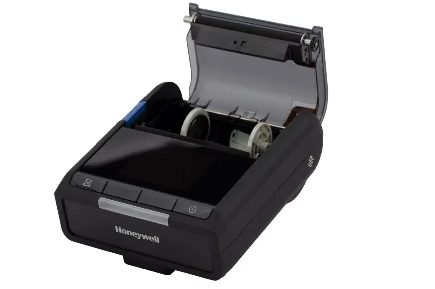 Thermodirekt-Etikettendrucker LNX3 von Honeywell mit Bluetooth, USB & USB-C Anschlüssen in Schwarz von vorne rechts mit offener Papierlade