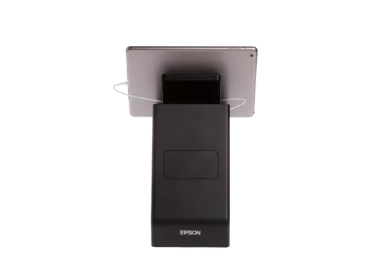 Epson Bondrucker TM-m30II in Schwarz mit Bluetooth, Ethernet, USB, Tablethalterung  von hinten mit Tablet
