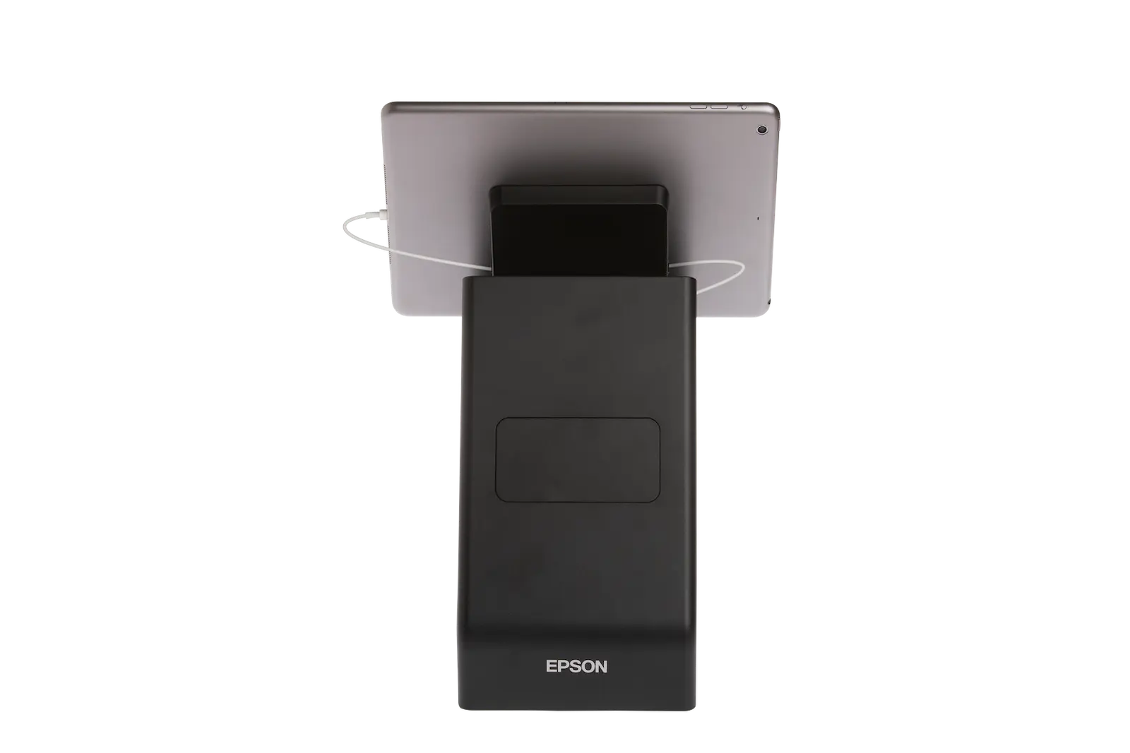 Epson Bondrucker TM-m30II in Schwarz mit Bluetooth, Ethernet, USB, Tablethalterung von hinten mit Tablet Epson Bondrucker TM-m30II in Schwarz mit Bluetooth, Ethernet, USB, Tablethalterung von hinten mit Tablet