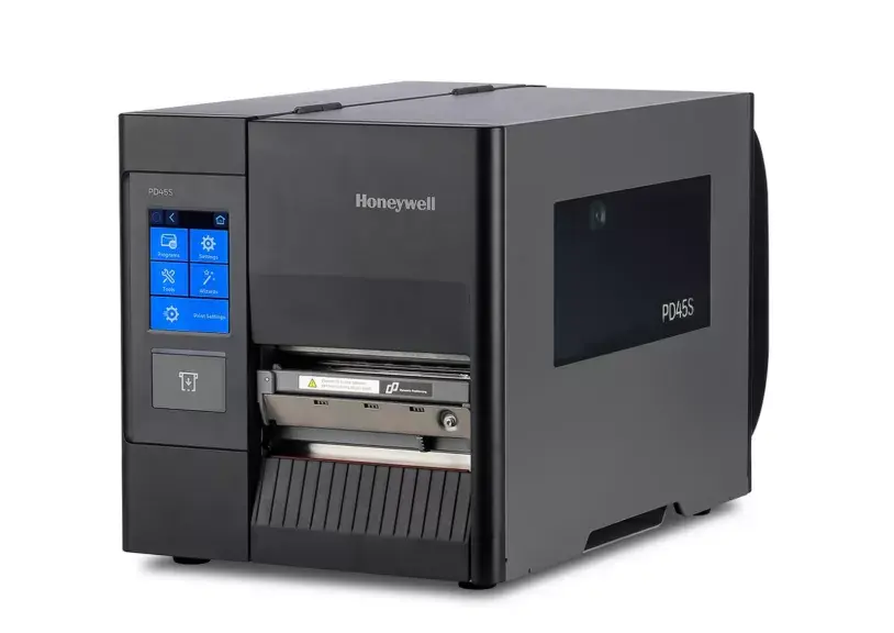 Industrieller Thermotransfer-Etikettendrucker PD45S von Honeywell mit USB, Ethernet & Seriellem Anschluss mit Touchscreen in Schwarz von vorne rechts