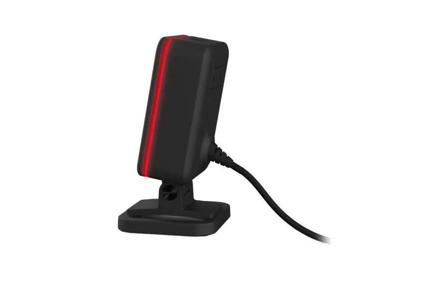 Moderner 2D-Area-imaging-Handscanner Genesis XP 7680g von Honeywell mit Standfuß in schwarz von rechts mit rotem Signalrand