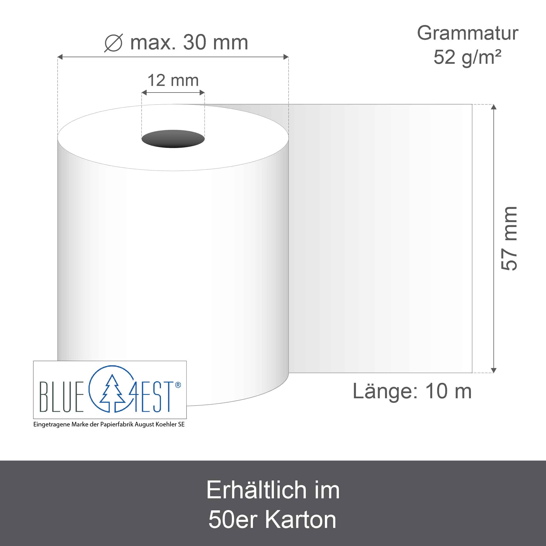 Maße der Oeko-Thermorollen 57x30x12, 52g/m²
