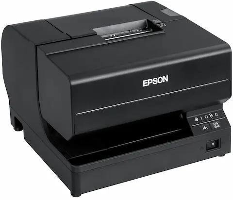 Tintenstrahldrucker TM-J7700 in Schwarz mit Ethernet & USB Anschlüssen von Epson für den POS von vorne links