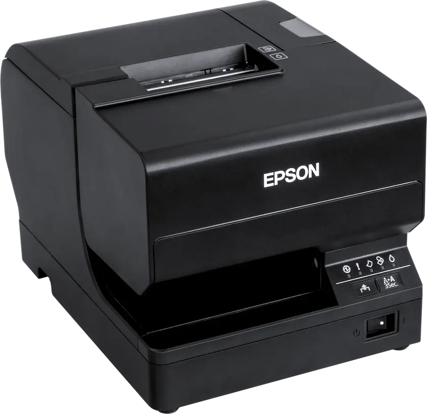 Tintenstrahldrucker TM-J7200 in Schwarz mit Ethernet & USB Anschlüssen von Epson für den POS von vorne links