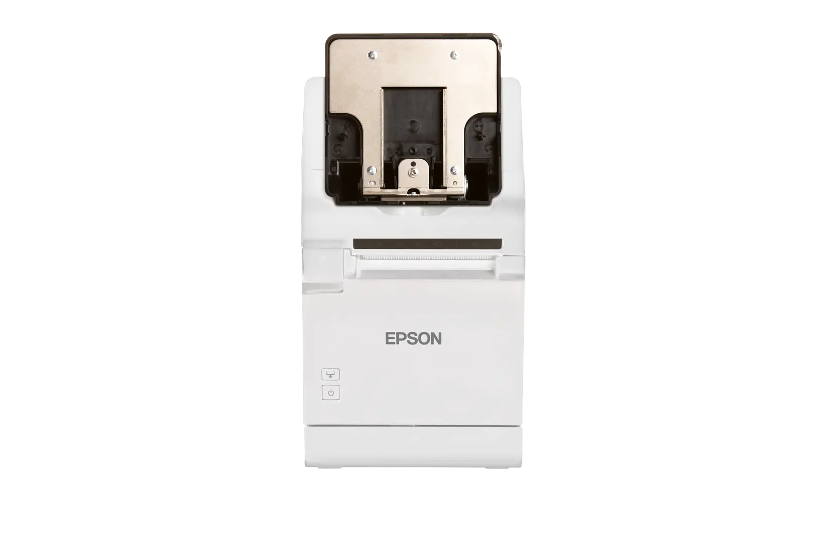 Epson Bondrucker TM-m30II in Weiß mit Bluetooth, Ethernet, USB, Tablethalterung von vorne, Tablethalterung