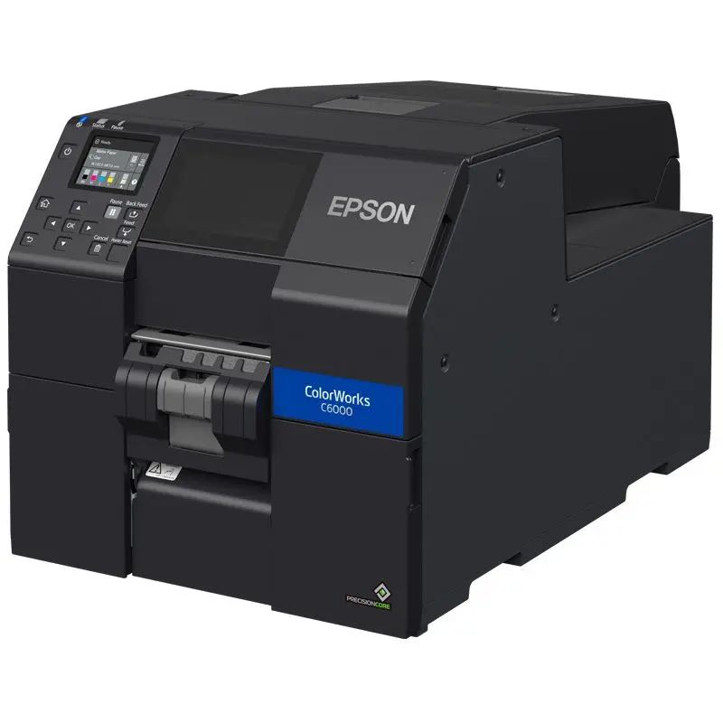 Etikettendrucker ColorWorks C6000Pe von Epson in Schwarz mit Ethernet und USB Anschlüssen von vorne-rechts