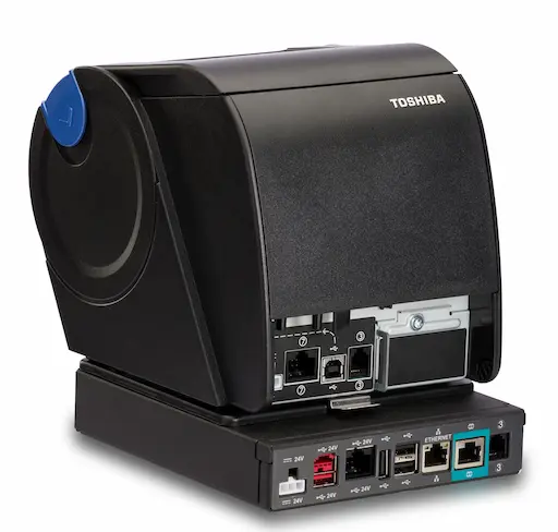 Thermodirekt Bondrucker von Toshiba: TCxPrinter 6145-1TN in Schwarz mit USB und powered-USB in Schwarz von hinten mit sichtbaren Anschlüssen