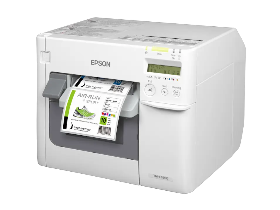 Tintenstrahl-Etikettendrucker von Epson: ColorWorks C3500 in weiß mit Ethernet und USB Anschlüssen von vorne-rechts mit Etiketten