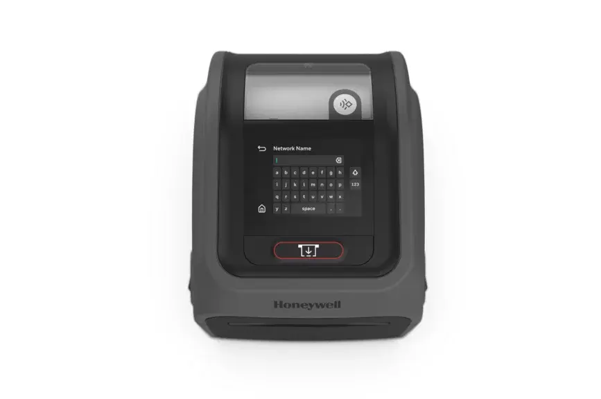 Thermodirekt-Etikettendrucker PC45D von Honeywell mit USB & Ethernet Anschluss und LCD Display in Schwarz von vorne