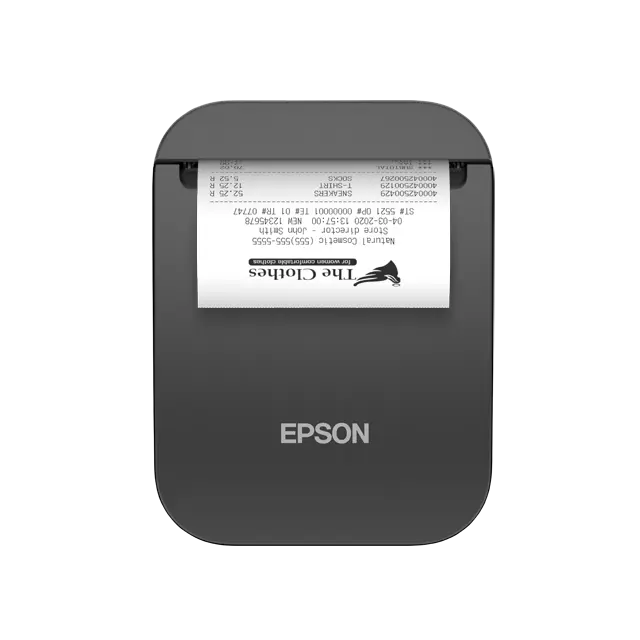 Epson TM-P80II mobiler Bondrucker in schwarz mit Bluetooth-Verbindung: hängend frontal, mit Bon