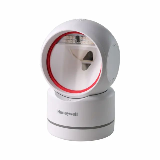 Moderner 2D-Area-imaging-Handscanner Orbit HF680 von Honeywell mit Standfuß in weiß von vorne