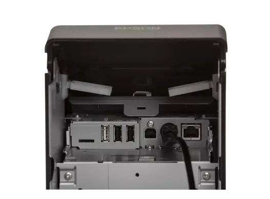 Epson Bondrucker TM-m30II in Schwarz mit Bluetooth, Ethernet, USB, Tablethalterung  geöffnet