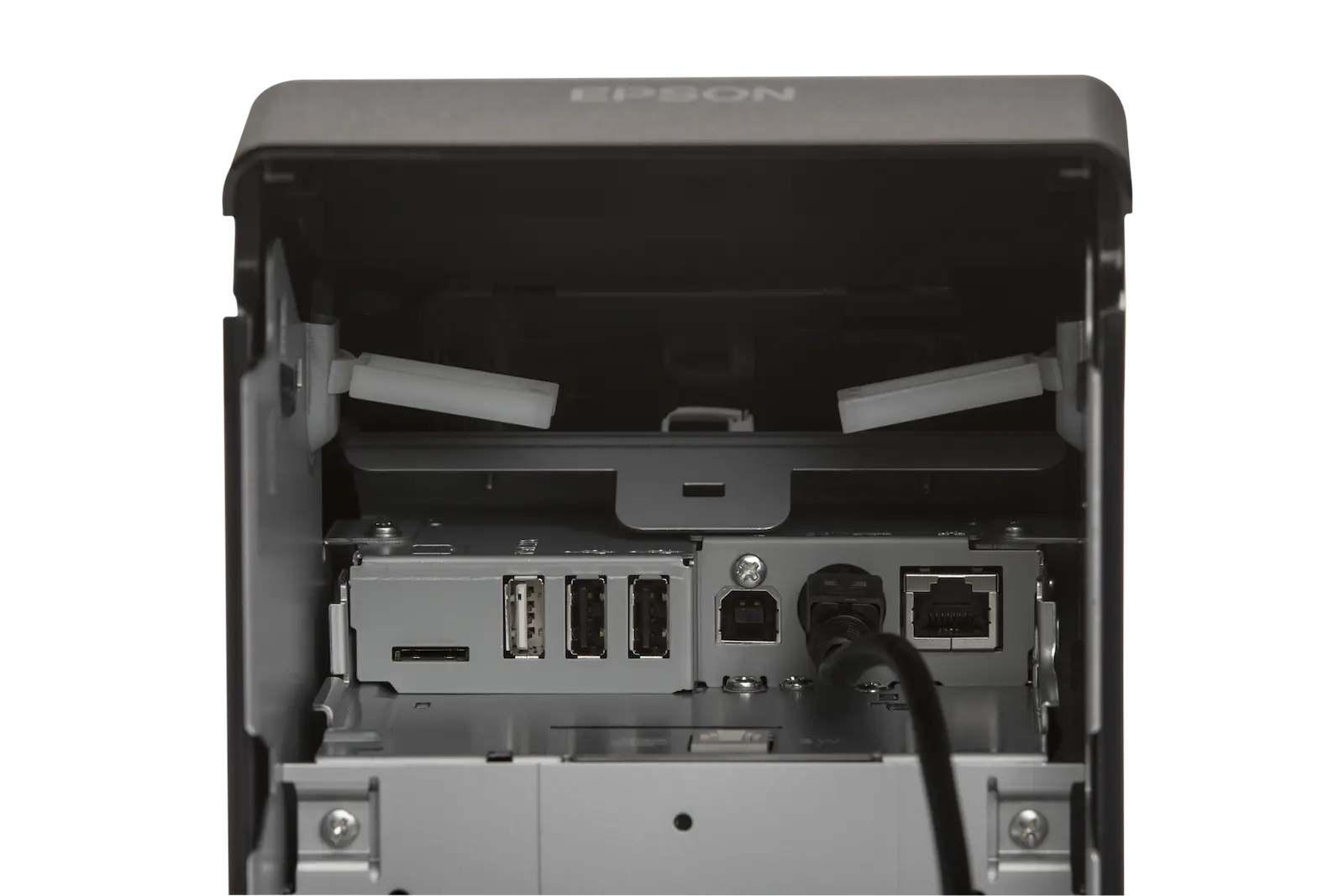 Epson Bondrucker TM-m30II in Schwarz mit Bluetooth, Ethernet, USB, Tablethalterung geöffnet Epson Bondrucker TM-m30II in Schwarz mit Bluetooth, Ethernet, USB, Tablethalterung geöffnet
