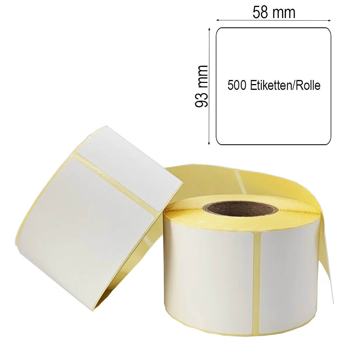 Etikettenrolle mit 58 x 93 mm Etiketten auf gelbem Trägerpapier gestapelt mit Maßlabel