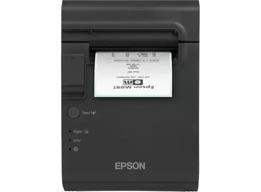 Etikettendrucker TM-L90 von Epson mit Seriellem & USB-Anschluss inkll Netzteil. Ansicht von vorne mit Bon