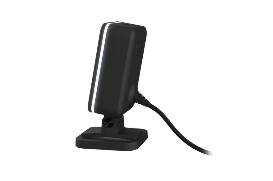 Moderner 2D-Area-imaging-Handscanner Genesis XP 7680g von Honeywell mit Standfuß in schwarz von rechts mit weißem Signalrand