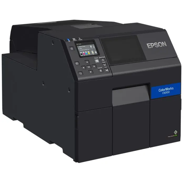 Etikettendrucker ColorWorks C6000Ae von Epson in Schwarz mit Ethernet und USB Anschlüssen von vorne links