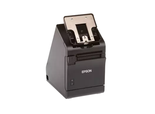 Epson Bondrucker TM-m30II in Schwarz mit Bluetooth, Ethernet, USB, Tablethalterung  von links-vorne ohne Tablet