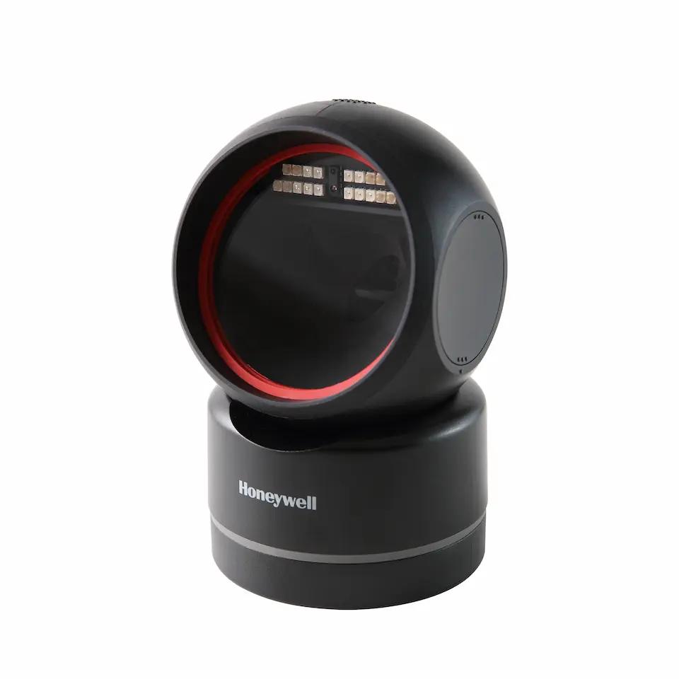 Moderner 2D-Area-imaging-Handscanner Orbit HF680 von Honeywell mit Standfuß in schwarz von vorne