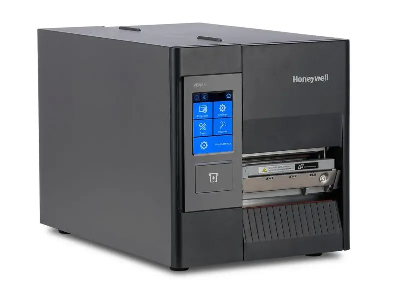 Industrieller Thermotransfer-Etikettendrucker PD45S von Honeywell mit USB, Ethernet & Seriellem Anschluss mit Touchscreen in Schwarz von vorne links