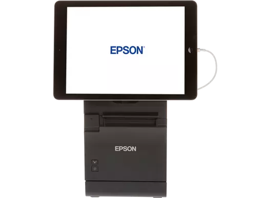 Epson Bondrucker TM-m30II in Schwarz mit Bluetooth, Ethernet, USB, Tablethalterung  von vorne mit Tablet