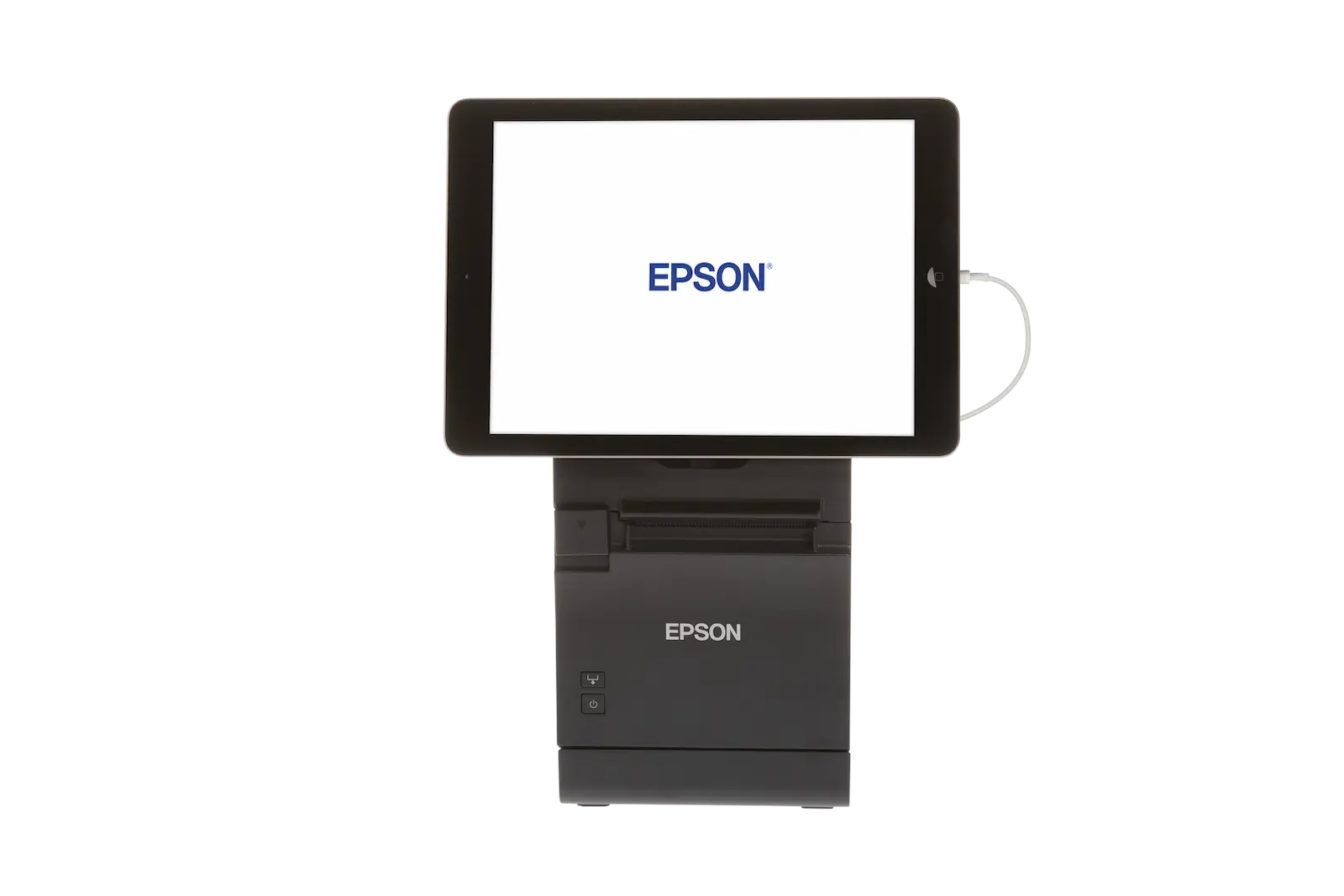 Epson Bondrucker TM-m30II in Schwarz mit Bluetooth, Ethernet, USB, Tablethalterung von vorne mit Tablet Epson Bondrucker TM-m30II in Schwarz mit Bluetooth, Ethernet, USB, Tablethalterung von vorne mit Tablet