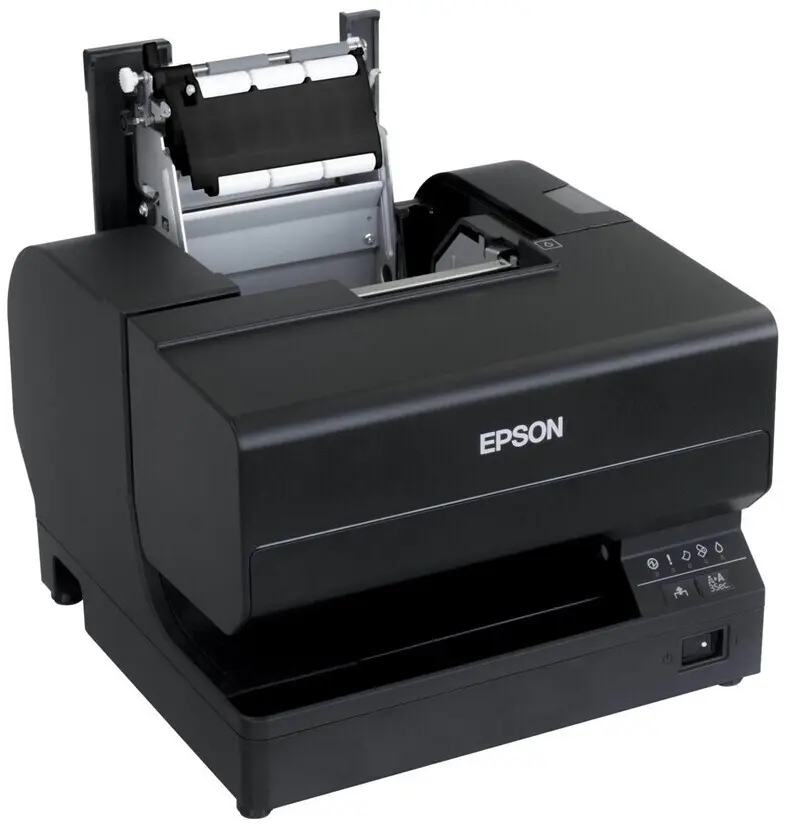 Tintenstrahldrucker TM-J7700 in Schwarz mit Ethernet & USB Anschlüssen von Epson für den POS von vorne links mit offenem Etikettenfach