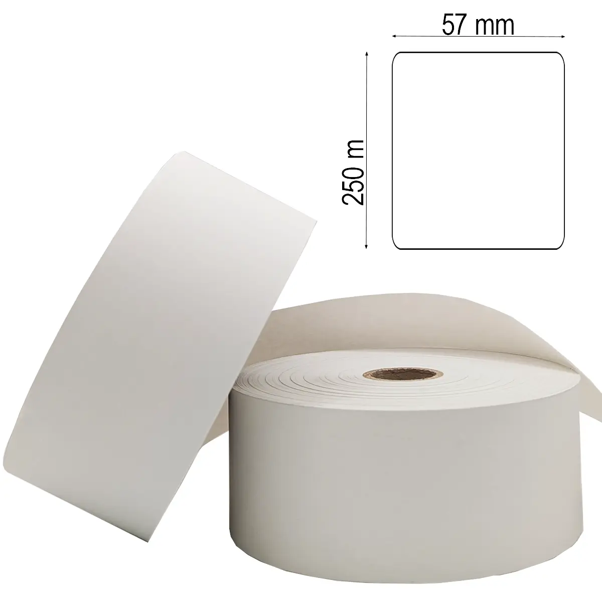 Automatenrolle mit 57mm Breite, 250 Laufmetern, 140 mm Durchmesser & einem 25mm Kern mit Maßlabel