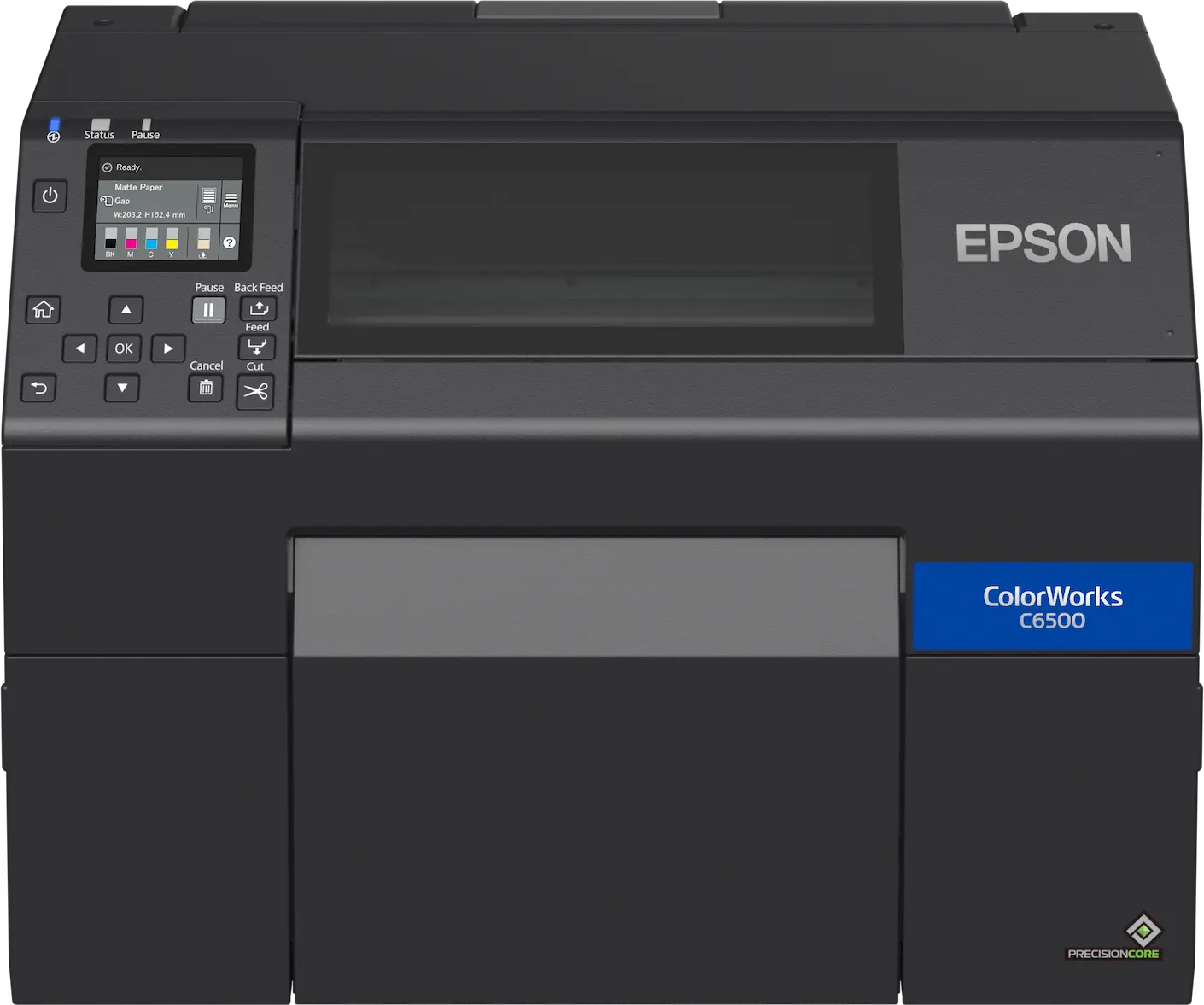 Etikettendrucker ColorWorks C6500Ae von Epson in Schwarz mit Ethernet und USB Anschlüssen von vorne