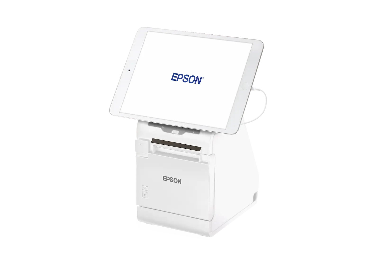 Epson Bondrucker TM-m30II in Weiß mit Bluetooth, Ethernet, USB, Tablethalterung von vorne links mit Tablet