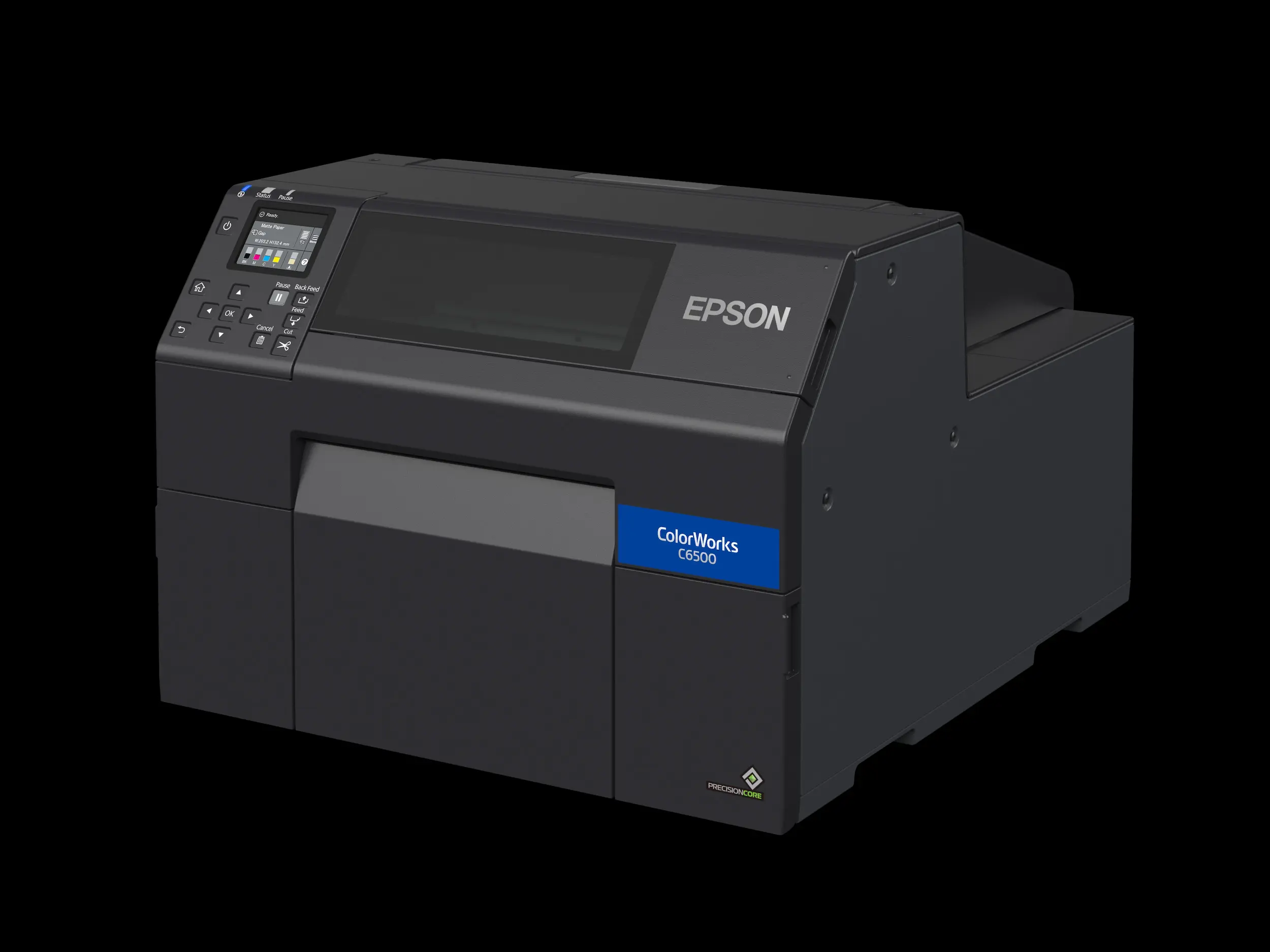 Etikettendrucker ColorWorks C6500Ae von Epson in Schwarz mit Ethernet und USB Anschlüssen von vorne rechts