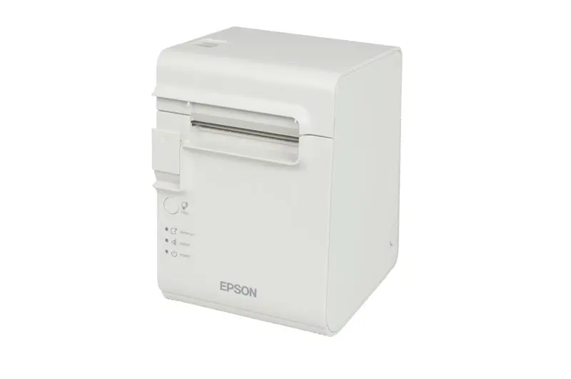Epson Etikettendrucker TM-L90 in Weiß, unterstützt USB und Serielle Anschlüsse, von vorne-rechts