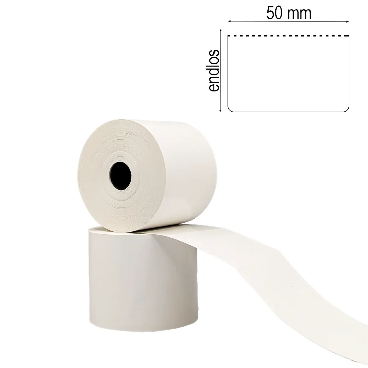 Linerless-Etikett 50mm x 31m mit 12mm Kern und 60mm Durchmesser mit Maßlabel