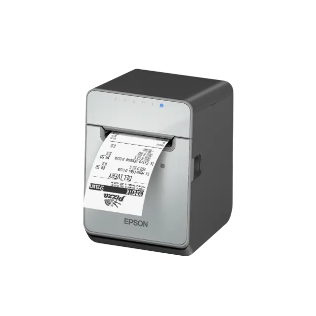 Etikettendrucker von Epson TM-L100 mit USB, seriellem & Ethernet Anschlüssen von vorne rechts mit Bon