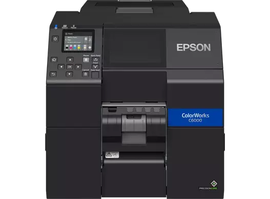 Etikettendrucker ColorWorks C6000Pe von Epson in Schwarz mit Ethernet und USB Anschlüssen von vorne 