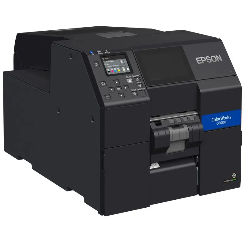 Etikettendrucker ColorWorks C6000Pe von Epson in Schwarz mit Ethernet und USB Anschlüssen von vorne-links