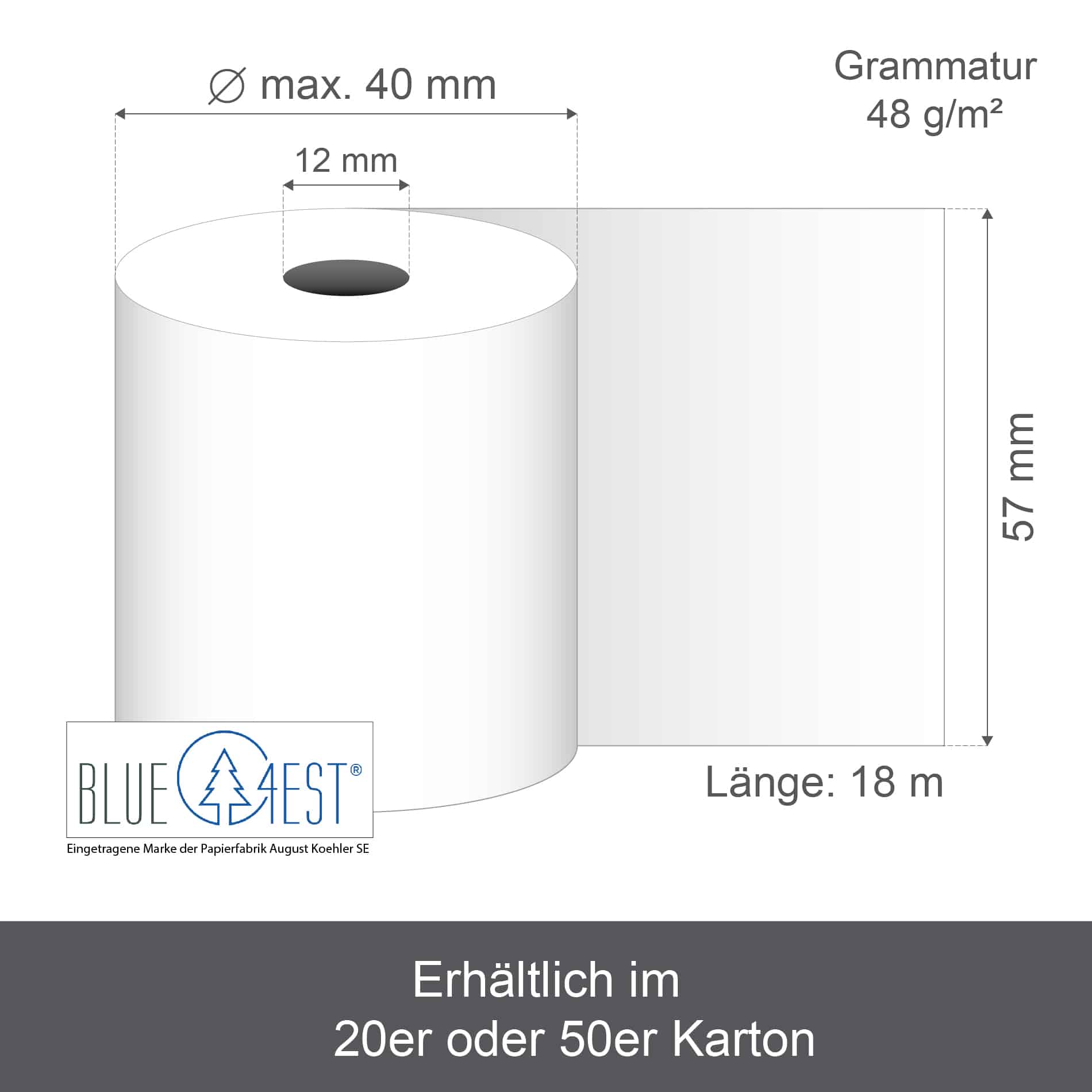 Maße der Oeko-Thermorollen 57x40x12, 48g/m²