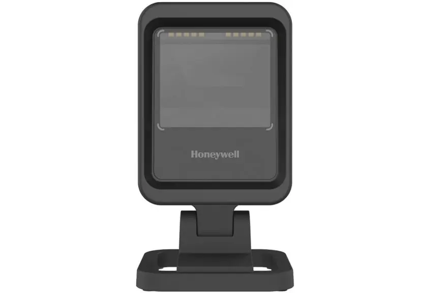 Moderner 2D-Area-imaging-Handscanner Genesis XP 7680g von Honeywell mit Standfuß in schwarz von vorne