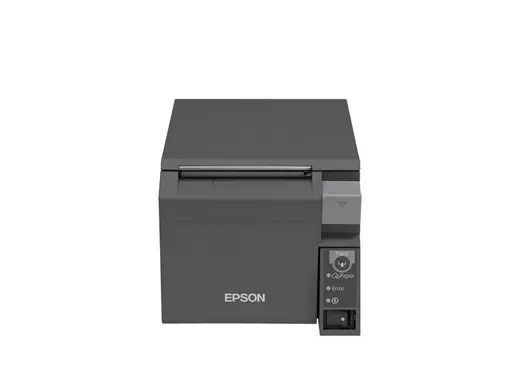 Epson Bondrucker TM-T70II in Schwarz, unterstützt Seriell und USB Anschlüsse, EDG zertifiziert von vorne ohne Bon gezeigt