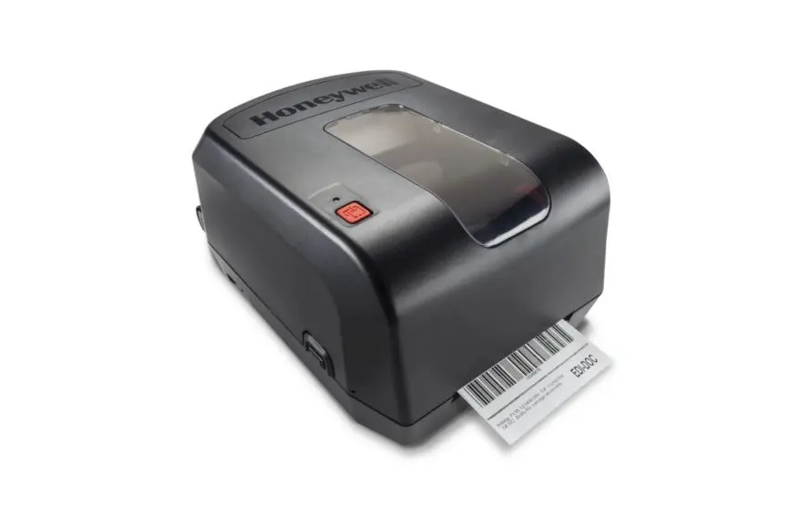 Thermotransfer-Etikettendrucker PC42T von Honeywell mit USB Anschluss in Schwarz von vorne links