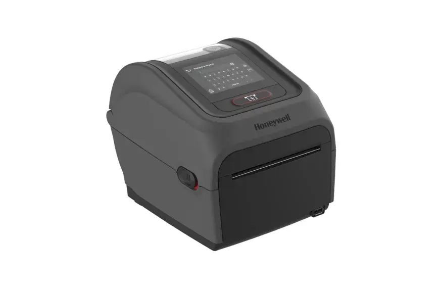 Thermodirekt-Etikettendrucker PC45D von Honeywell mit USB & Ethernet Anschluss und LCD Display in Schwarz von vorne links