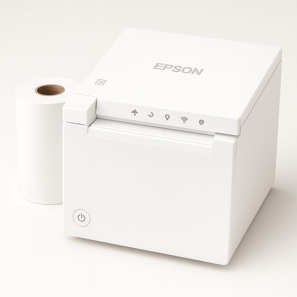 Epson TM-m30III in weiß mit WLAN, Ethernet & Bluetooth von vorn mit Rolle | Mit KI aufgewertet 