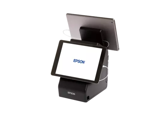 Epson Bondrucker TM-m30II in Schwarz mit Bluetooth, Ethernet, USB, Tablethalterung  von rechts hinten mit 2 Tablets