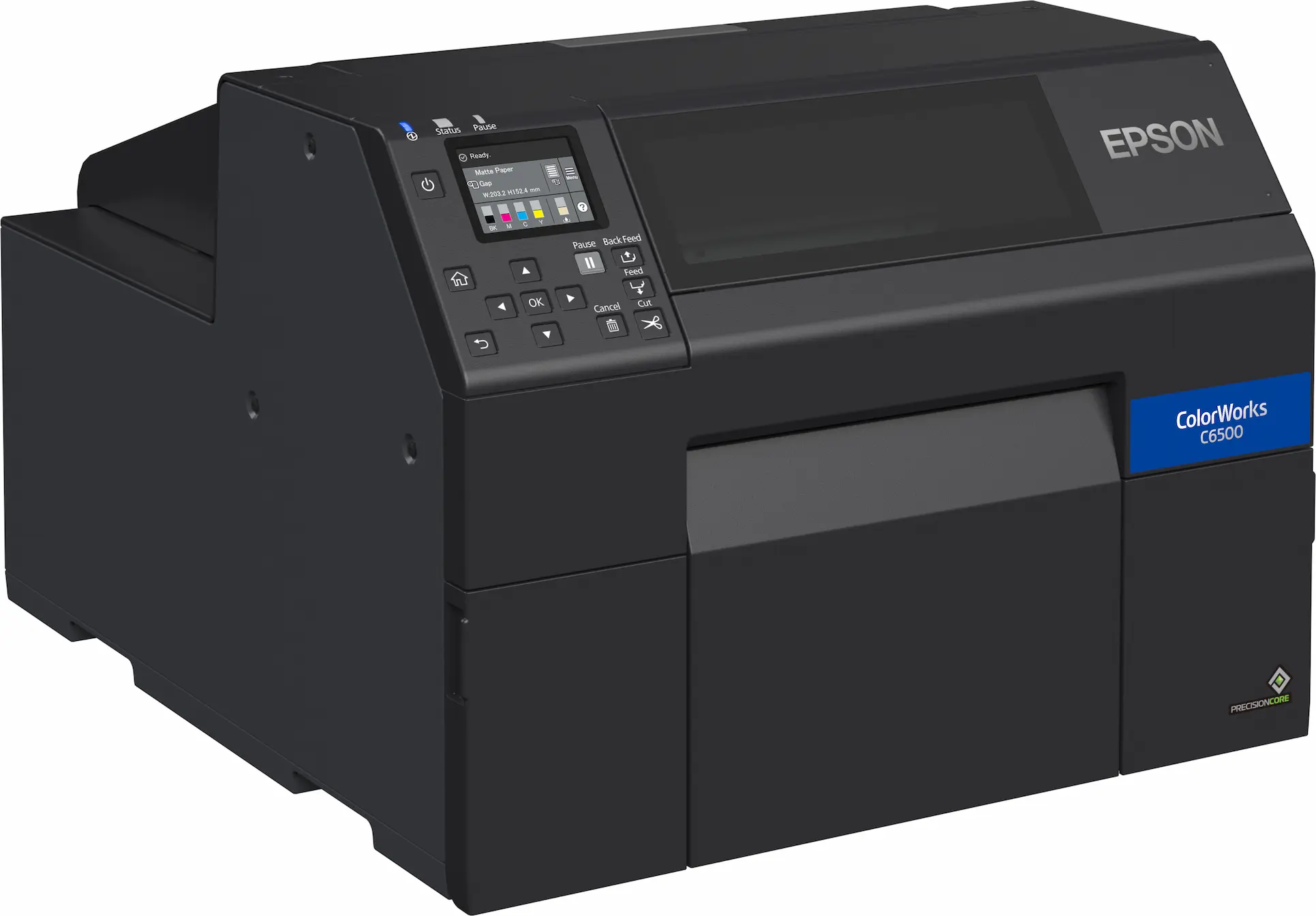 Etikettendrucker ColorWorks C6500Ae von Epson in Schwarz mit Ethernet und USB Anschlüssen von vorne links
