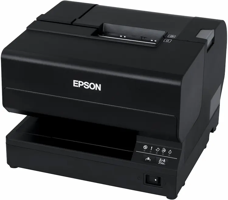 Tintenstrahldrucker TM-J7700 in Schwarz mit Ethernet & USB Anschlüssen von Epson für den POS von vorne rechts