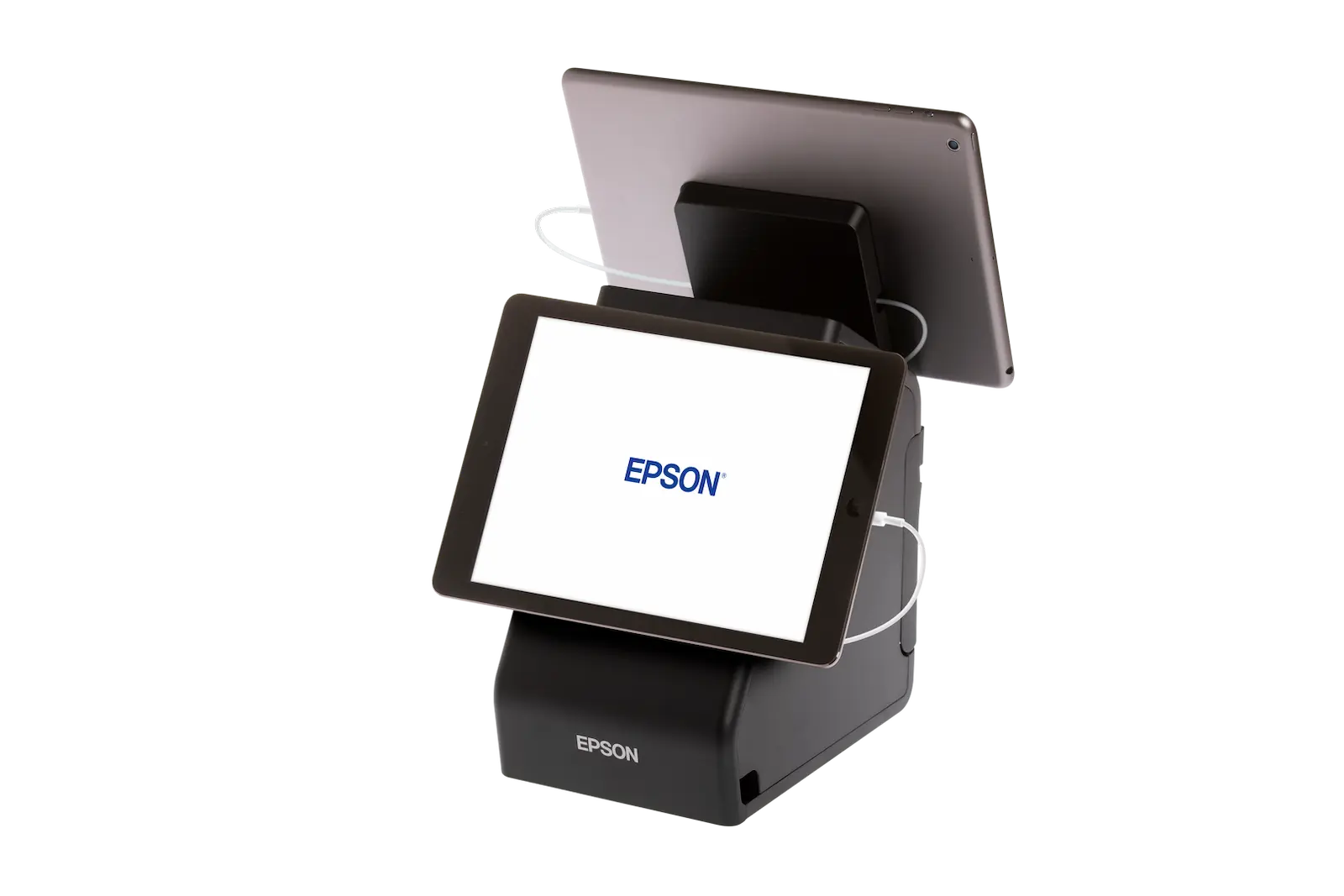 Epson Bondrucker TM-m30II-S in Schwarz mit Bluetooth, Ethernet, USB, Tablethalterung von rechts hinten mit 2 Tablets Epson Bondrucker TM-m30II-S in Schwarz mit Bluetooth, Ethernet, USB, Tablethalterung von rechts hinten mit 2 Tablets