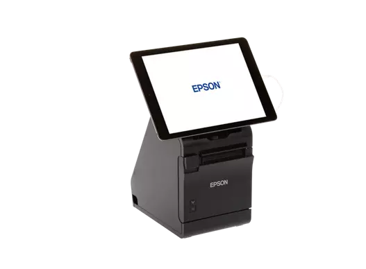 Epson Bondrucker TM-m30II in Schwarz mit Bluetooth, Ethernet, USB, Tablethalterung  von links-vorne mit Tablet